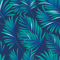 Palm. Seamless pattern of branches and leaves of tropical plants and trees. Vector image. 