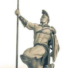 ancient warrior is kneeled close up view