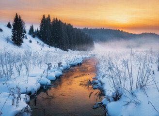 Landscape river winter seasonal view water snow forest