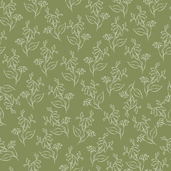 Vector green illustration. Floral seamless pattern. Bouquet of wild flowers. Hand drawn flower field. Simple flowers. Flowering heads of field chamomile. Outline drawing.