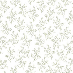 Vector green illustration. Floral seamless pattern. Bouquet of wild flowers. Hand drawn flower field. Simple flowers. Flowering heads of field chamomile. Outline drawing.