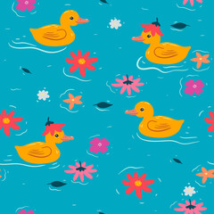 Seamless pattern with cute ducklings and flowers. Vector graphics.