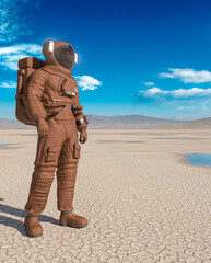 astronaut is standing up in the desert of another planet after rain
