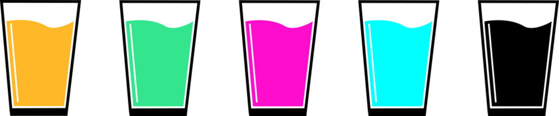A set of glasses with multi-colored liquids.Multi-colored juices in glass glasses on a white background in a vector set.
