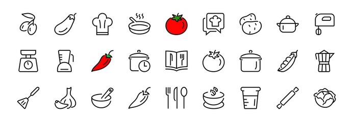Set of icons for cooking and kitchen, vector lines, contains icons such as a knife, saucepan, boiling time, mixer, scales, recipe book. Editable stroke, perfect 480x480 pixels, white background