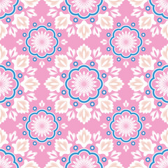 Folk floral ornament. Seamless pattern with abstract flowers on pink background