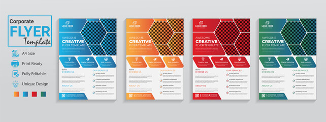 Flyer Design. Business flyer design set 4 colors corporate graphic style modern a4 flyer design template used as brochure layout A4 blur background vector Magazine Poster Presentation Portfolio Flyer