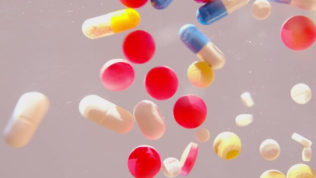 many colored pills, medicine, capsules with powder falls down, bounce, concept of maintaining health, medication treatment, vitamins, dietary supplements, drug addiction, slow motion