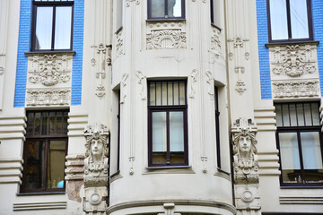 Fragment of blue and white building in Art Nouveau architecture style in Riga, capital of Latvia;...