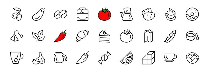COFFEE and TEA LINEAR ICONS SET, contains Icons of tea, tea bag, Coffee machine, cake, sugar, teapot, cup, milk, cream, Lemon, chocolate bar, LINEAR ICONS Editable stroke