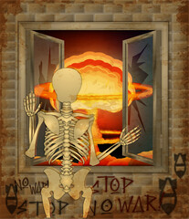No War background, human skeleton and nuclear explosion in an broken window, vector illustration