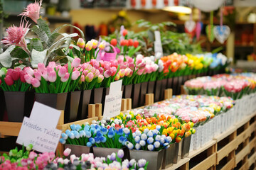 Tulips made of felt and wood sold on flower market in Amsterdam, Netherlands.