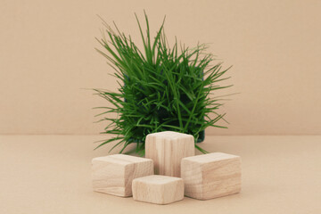 Wooden eco rustic platform podium on beige background. Minimal empty display product presentation scene.