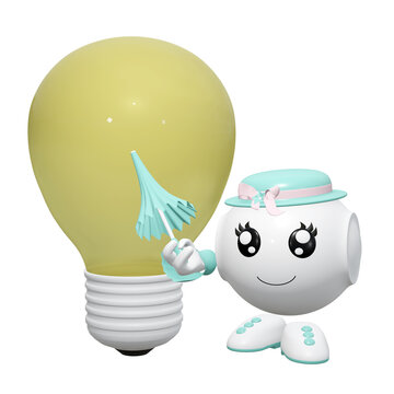 niedlicher 3d Charakter zeigt mit einem Regenschirm auf eine Glühbirne. 3d rendering