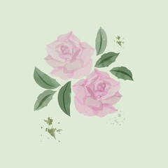 Watercolor roses on light gren background.For greeting and invitations,events,mother's day.Vector illustration.