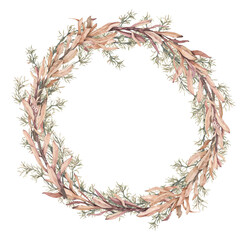 Wreath of brown flowers and green leaves in Boho style. Illustration on a white background, painted in watercolor. For cards, invitations, wedding, new year, christmas design.