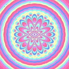 Psychedelic poster in hippie style. Grunge texture. Pattern with optical illusion. hypnotic effect. All seeing eye. Bright, colorful background.