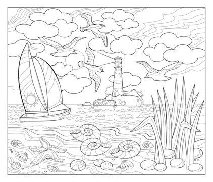 Sea landscape with sailboat and lighthouse. Image in zen-tangle style. Printable page for drawing and meditation. Coloring book for children and adults. Black and white vector illustration.
