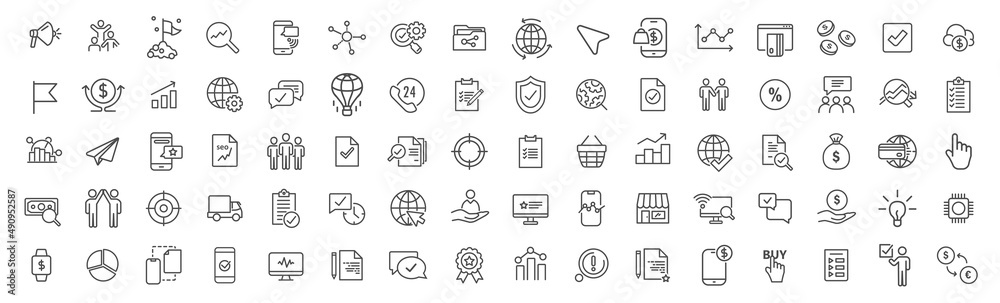 Poster business and audit line icons collection. big ui icon set. thin outline icons pack. vector illustrat