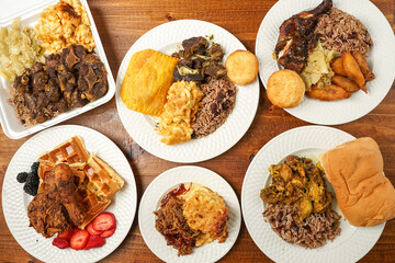 Jamaican food flat lay composition
