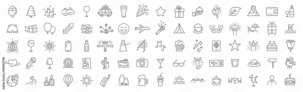 Poster travel and entertainment line icons collection. big ui icon set. thin outline icons pack. vector ill