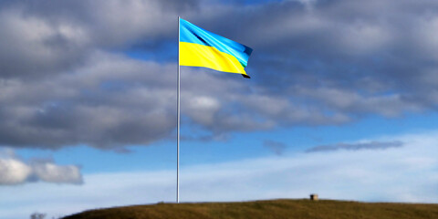Flag of Ukraine, which develops in the wind. There is space for text. copy space. The concept of the war between Ukraine and Russia. No war. Stop war. 3D render