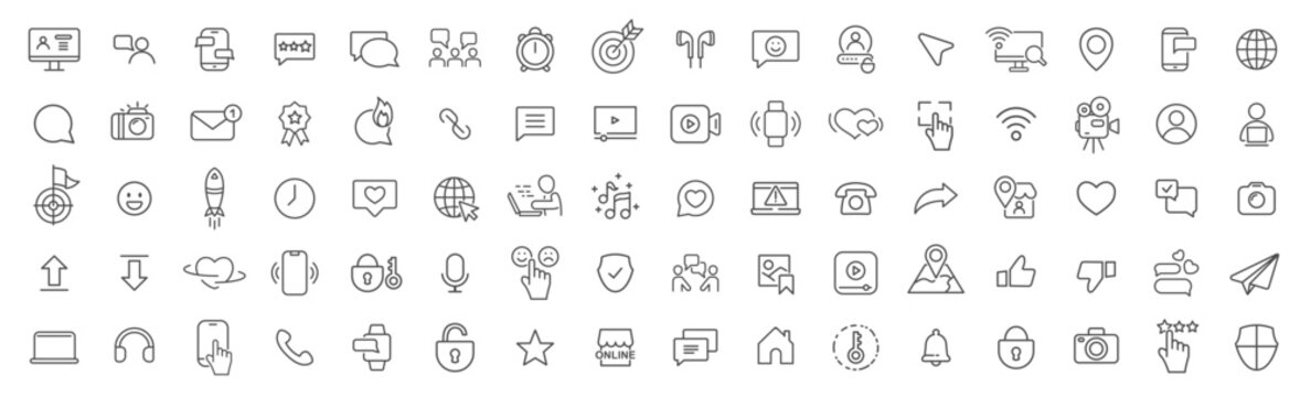 Social network and media line icons collection. Big UI icon set. Thin outline icons pack. Vector illustration eps10