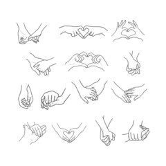 Vector set of holding hands, hands shaped heart, black isolated outlines on white background.