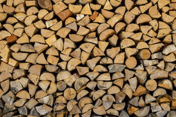 Close-up of Firewood cut and perfectly stacked