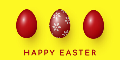 Realistic red easter eggs. Happy easter background, easter design. Copy space text area. Vector illustration for header banner, wallpaper, flyer, greeting card or invitation. Vector illustration