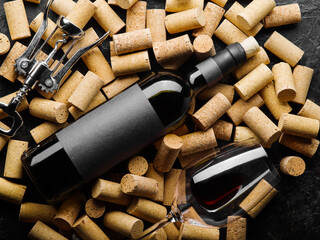 Luxurious composition - a bottle of collectible red wine, a wine glass and a corkscrew lie on the wine corks. Holiday, surprise, romantic date, banquet. picnic, restaurant.