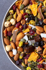Directly Above shot of Variety of dried fruits and nuts on plate