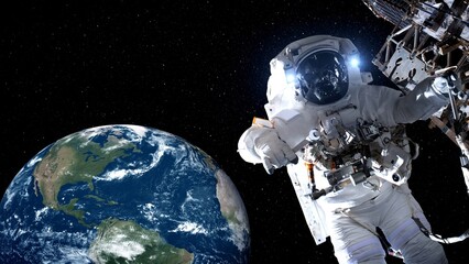 Astronaut spaceman do spacewalk while working for spaceflight mission at space station . Astronaut wear full spacesuit for operation . Elements of this image furnished by NASA space astronaut photos . © InfiniteFlow