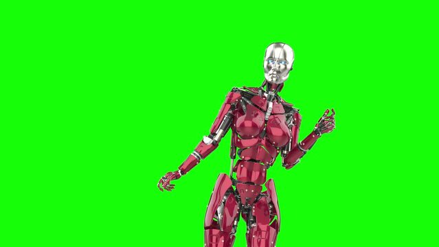 amazing robot is dancing in loop in green chroma key background close up view