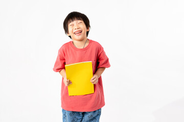 Portrait of Happy asian boy with books isolated on white background, Education and learning with...