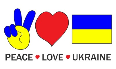 Peace, Love, heart, flag of Ukraine, motivating words. Vector illustration.