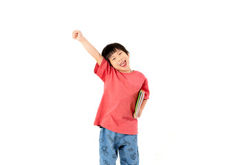 Portrait of Happy asian boy with books isolated on white background, Education and learning with technology concept