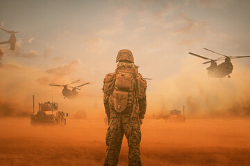 Military troops on the way to the battlefield / Between sand storm in desert	
