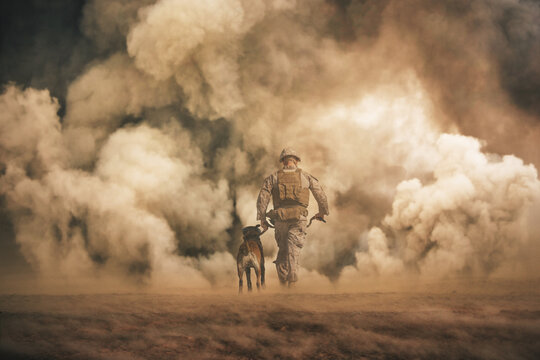 Military soldier with a dog between storm and dust at desert	