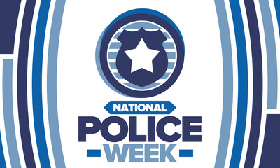 National Police Week. Celebrated annual in May. In honor of the United States police hero. Police badge and star. Officers Memorial Day. American patriotic design. Vector poster, creative illustration