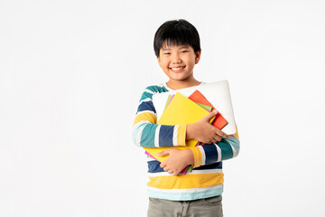 Portrait of Happy asian boy with laptop and books isolated on white background, Education and learning with technology concept