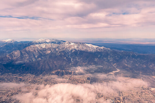 Aerial view of the San Gabriel Mountains outside of Los Angeles featuring Mt Baldy and Mt San Antonio's
