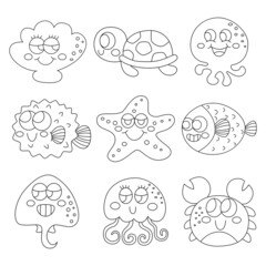 Set sea or ocean animals icons isolated on white background. illustration vector.  