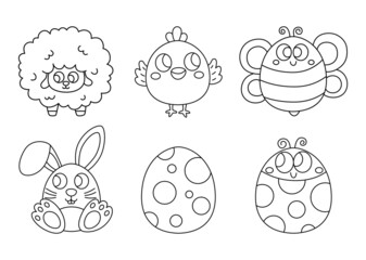 Happy Easter day thin line icons set. cartoon character rabbits and chicks isolated on white background. vector Illustration.