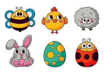 Happy Easter day set. cartoon character rabbits and chicks isolated on white background. vector Illustration.