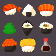 sushi icons set. japanese food on black background. vector illustration.