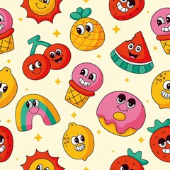 seamless pattern summer. travel and tourism on cream background. vector Illustration.