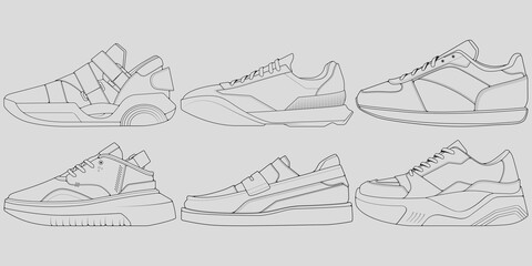 set of outline Cool Sneakers. Shoes sneaker outline drawing vector, Sneakers drawn in a sketch style, sneaker trainers template outline, Set Collection. vector Illustration.
