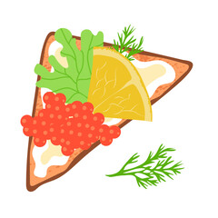 Fresh sandwich with red caviar, dill, lettuce and lemon. Delicious and appetizing food. Cooking and lunch. Flat vector illustration isolated on white background