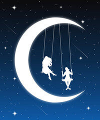 Obraz na płótnie Canvas 2 girls swinging under the moon with shooting stars